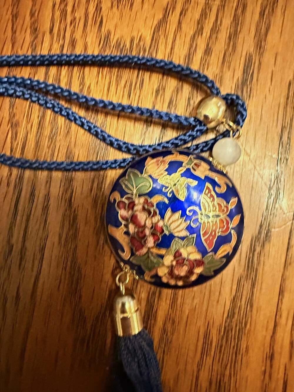 Vintage Chinese Cloisonne Floral Butterfly Pendant Necklace Blue Cord Tassel